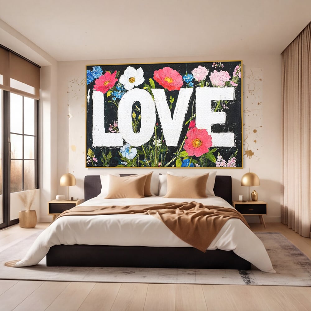 Tablou canvas cu tablou canvas cu flori si cuvantul love, in rama de aluminiu auriu, pe perete intr-un dormitor